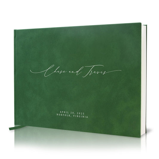 MUUJEE Personalized Guestbook in Emerald - Premium Custom Modern Guest Book for Wedding Reception, Birthday Party or Events w/Bookmark Blank Pages for Signing 11.5 x 8.5 inches