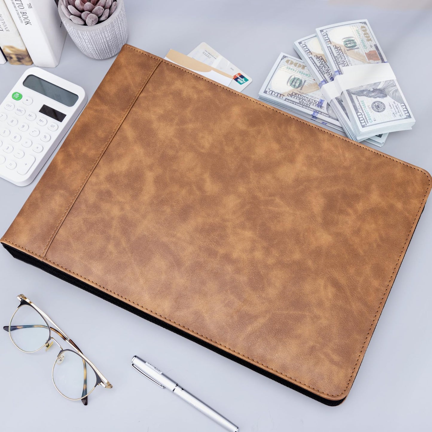 Antner Zippered 7 Ring Business Checkbook Binder Portfolio for 3-on-a-Page Business Checks, 600 Checks Capacity, PU Leather Check Book Binder Cover for 9x13 Sheets, Built-in Storage Organizer, Brown