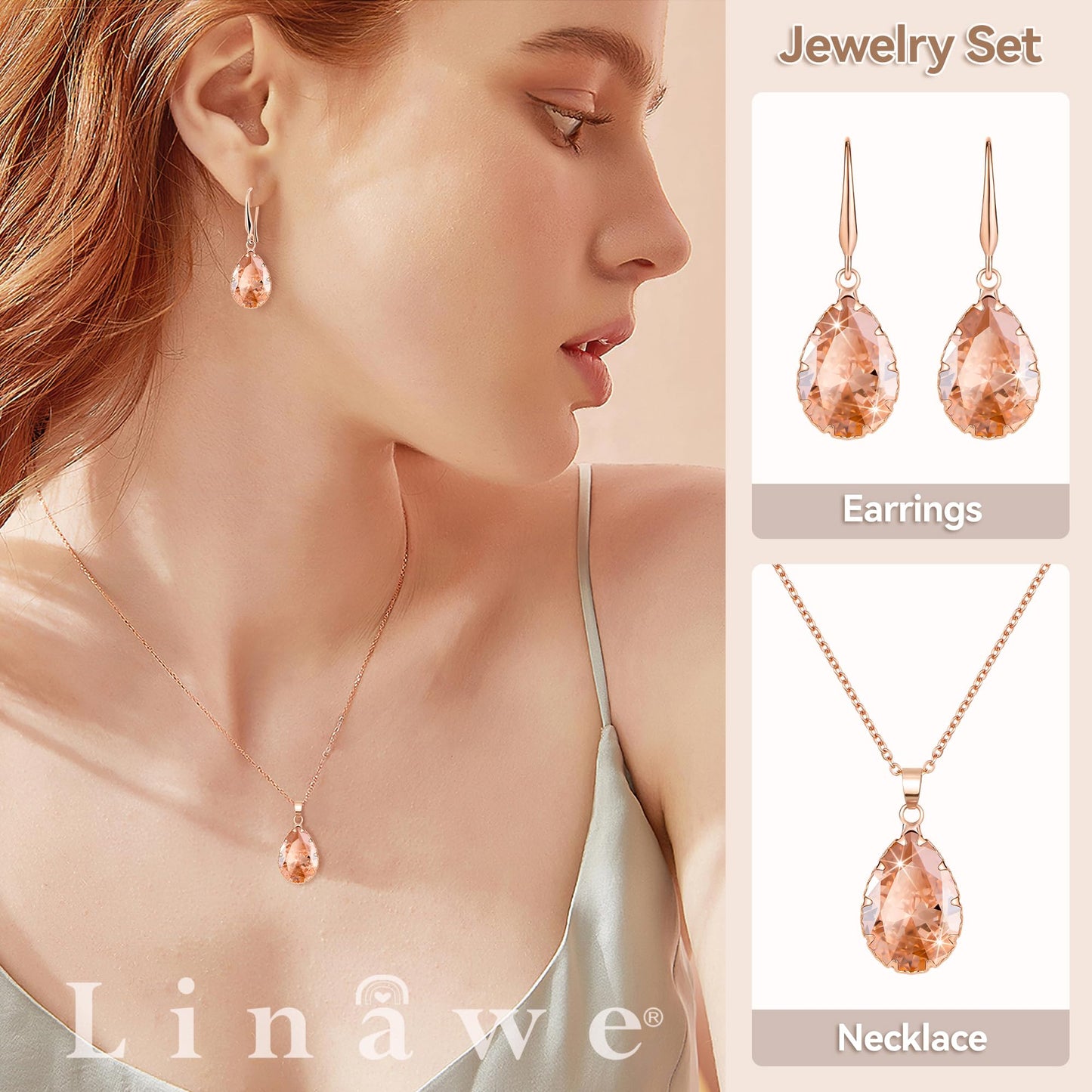 Linawe Citrine Crystal Jewelry Sets for Women Rose Gold, Imitation Diamond Pendant Necklace Set, Yellow Rhinestone Drop Dangle Earrings Set, Birthstone Cubic Zirconia Matching Wedding Jewelry