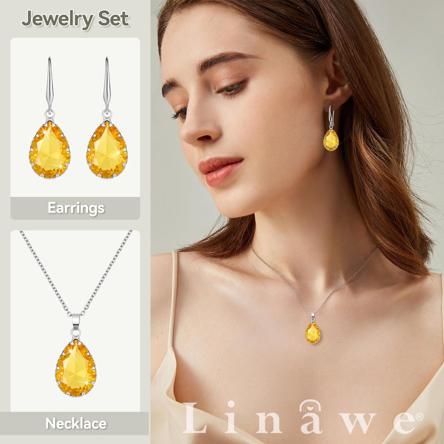 Linawe Yellow Jewelry Sets for Women, Silver Tear Drop Earring Set, Citrine Crystal Birthstone Imitation Diamond Pendant Necklace, Cubic Zirconia Rhinestone Costume Jewelry Set