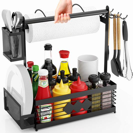 Grill Caddy for Outdoor Grill, BBQ Caddy with Camping Paper Towel Holder and Plate Holder, Picnic Utensil Condiment Kitchen Organizer for Camper, RV Patio Tailgate Essentials, Grilling Gifts for Men
