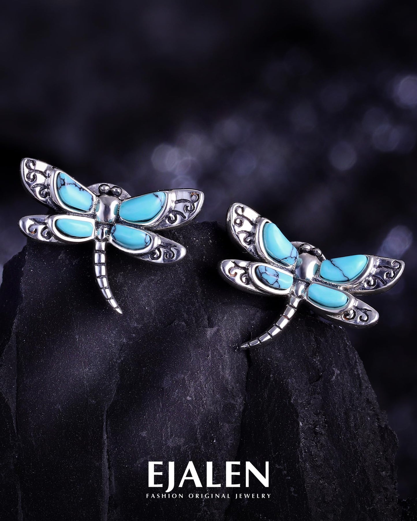 S925 Sterling Silver Turquoise Dragonfly Sunflower /Hummingbird/Butterfly/Cross/Anchor Earring Vintage Bohemian Jewelry Natural Drop/Stud Earrings Birthday Jewelry Gifts for Women (Dragonfly Turquoise Stud-Earrings)