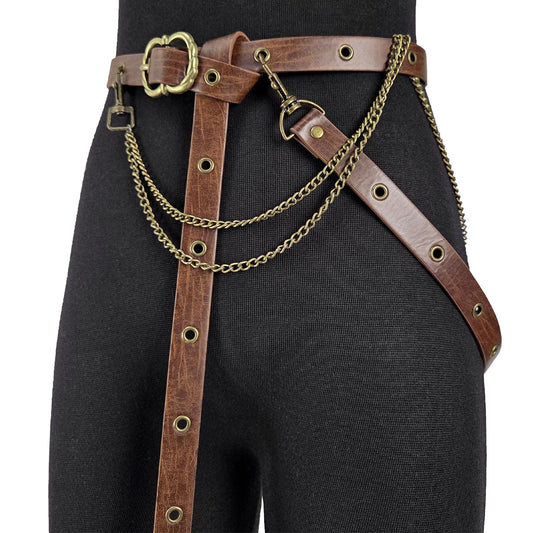 HiiFeuer Medieval DIY Faux Leather Metal Chain Belt, Vintage Adjustable Thin Belt For Women, Retro Skinny Belt For Dresses (Brown B)