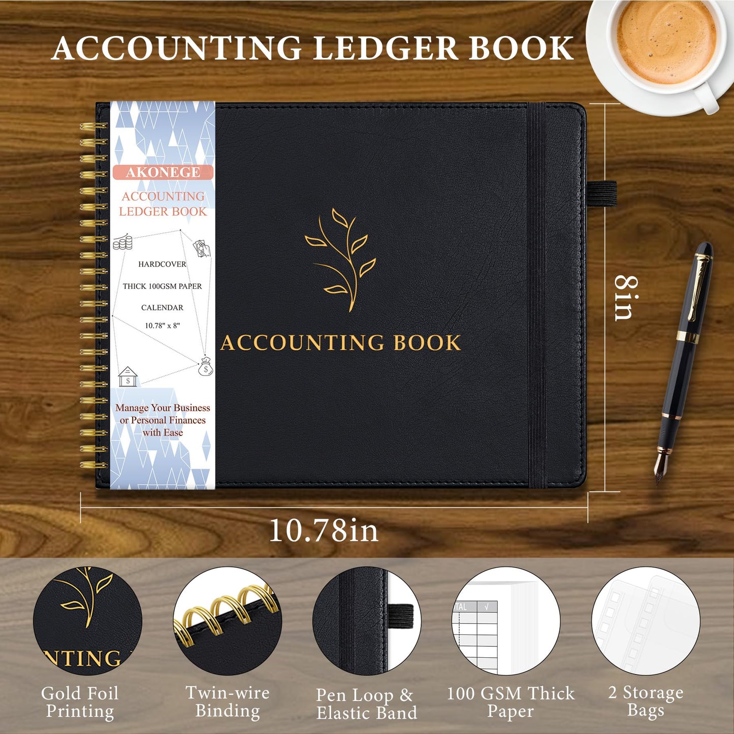 Plastic Cover Accounting Ledger Book Bunded with PU Leather Cover Accounting Ledger Book, Dark Blue & Black
