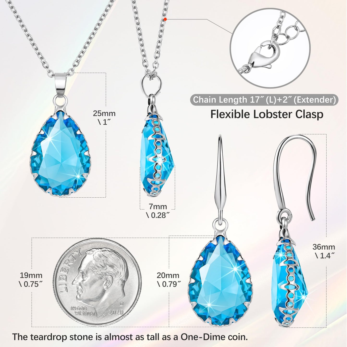 Linawe Silver Jewelry Sets for Women, Aquamarine Blue Necklace and Earring Set, Birthstone Crystal Imitation Diamond Pendant Necklace Set, Tear Drop Earrings Jewelry Set Costume