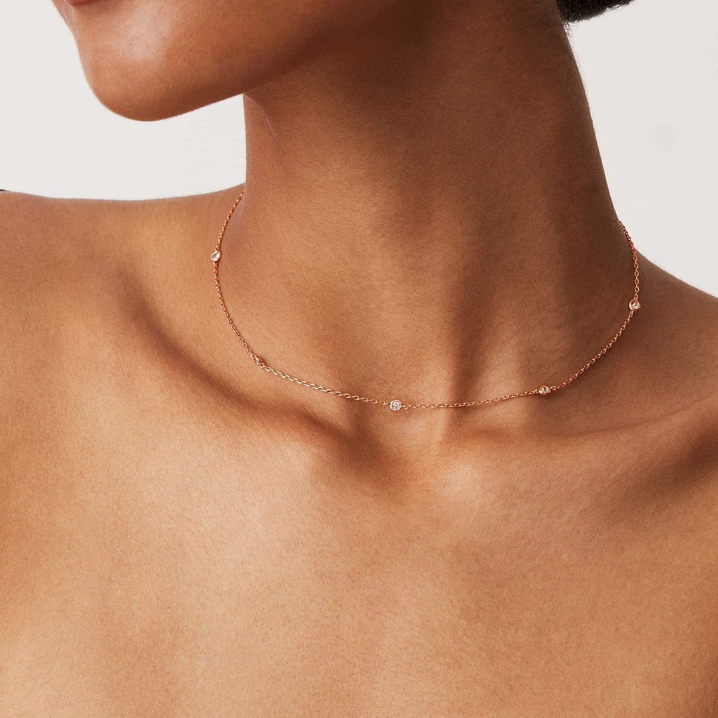 PAVOI 14K Rose Gold Plated Station Chain Necklaces for Women - Dainty Simulated Diamond Necklace - Layering Cubic Zirconia Chain