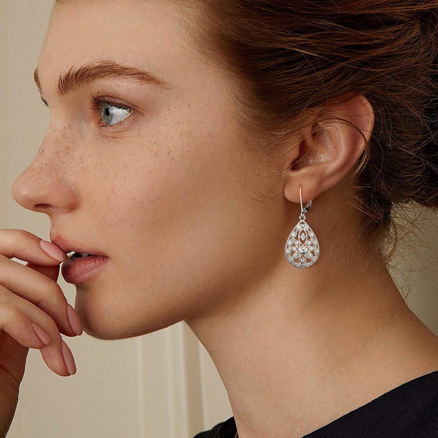 Sterling Silver Earrings Filigree Dangle Drop Leverback Earrings for Women Cubic Zirconia Drop Earring Hypoallergenic Leverback Teardrop Dangle Filigree Earrings Silver Jewelry for Gifts