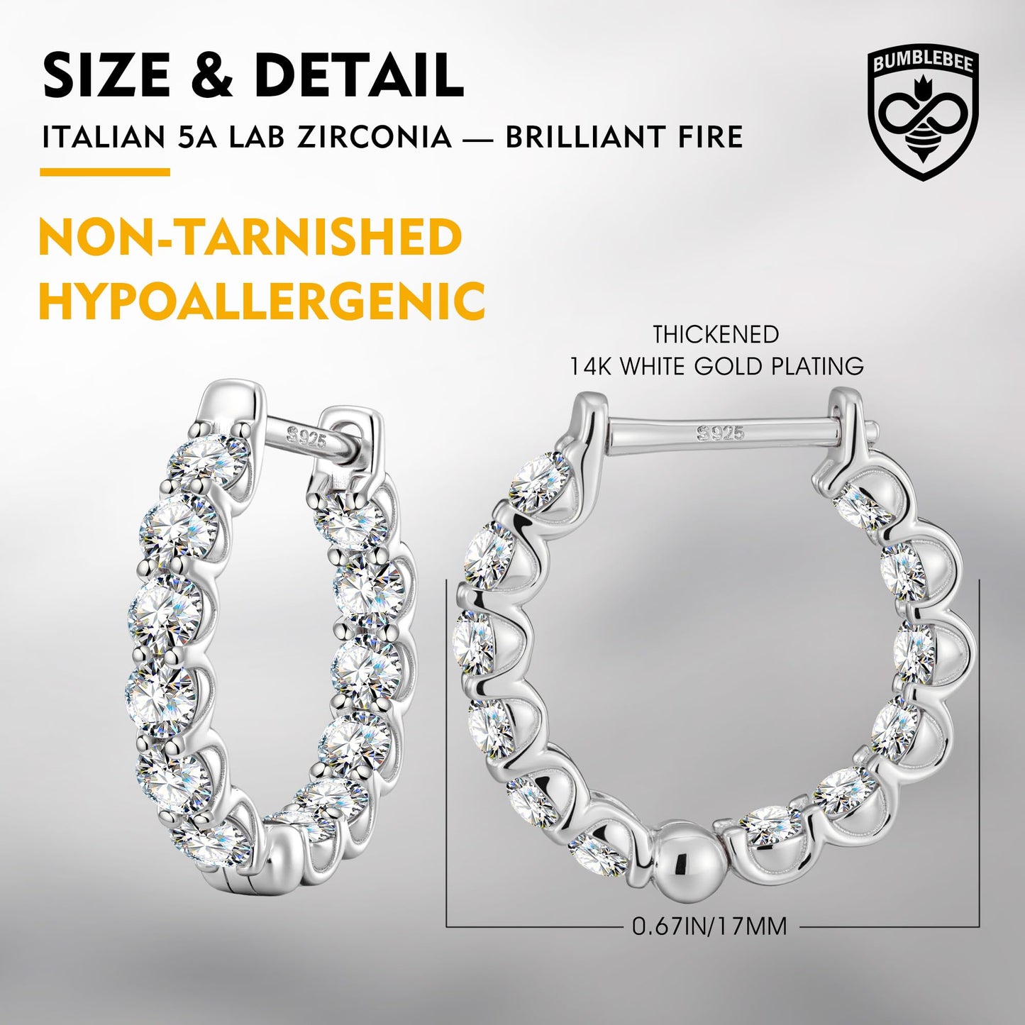 BUMBLEBEE Handcrafted 925 Sterling Silver Hoop Earrings, Diamond Hoop Earrings Italian 5A Cubic Zirconia, Hypoallergenic, Tarnish Resistant, Lightweight Luxury Jewelry Birthday, Valentine’s Day