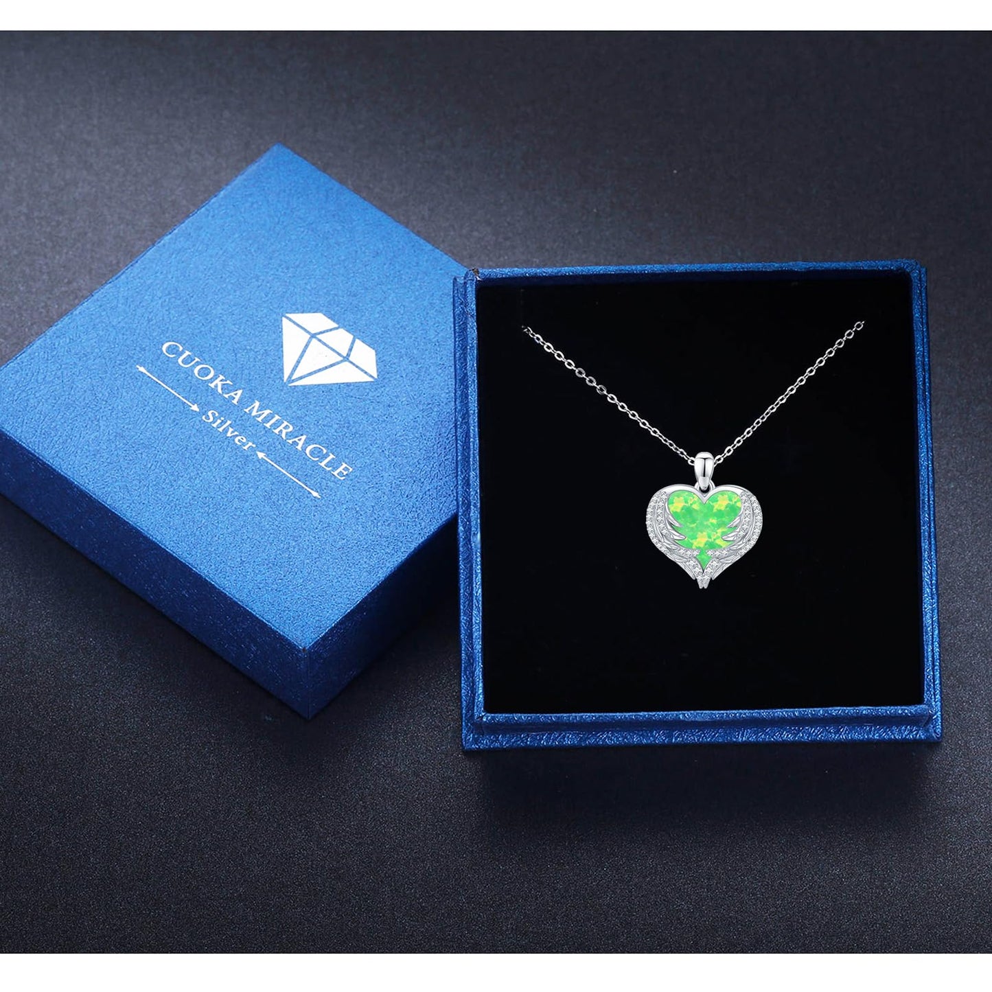 CUOKA MIRACLE Heart Necklace Angel Wing Heart Opal Necklace 925 Sterling Silver Women Necklace Guardian Angel Wings Pendant Necklace Dainty Opal Jewelry Birthday Gifts for Mom Women (Green Opal Wings)