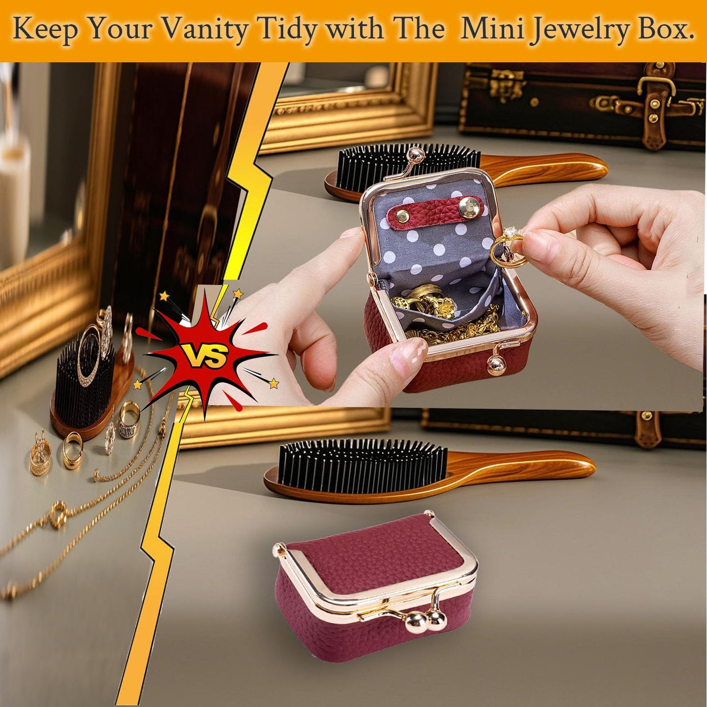 FURZART Genuine Leather Jewelry Travel Case Mini Portable Organizer with Kiss Lock & Anti-Tip Design, Stable Small Jewelry Box for Earrings, Rings, Coin Purse & Travel (2.55x1.77 Inch, Black)