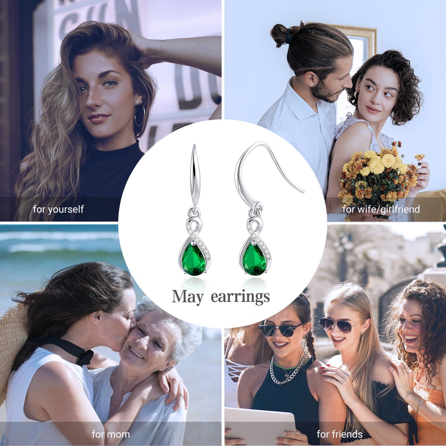 Infinity Birthstone Earrings 18K White Gold Plated 925 Sterling Silver Teardrop Infinity Drop Dangle Earrings May Birthstone Jewelry Birthday Gifts for Women Her Mother Wife