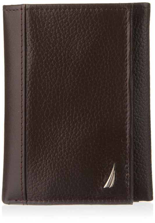 Nautica Mens Classic Trifold Wallet | RFID Blocking Protection | ID Window | 6 Card Slots | 2 Slip Pockets | Genuine Leather | Organization | Durable | Stylish - Brown