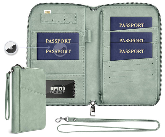 Family Passport Holder Wallet RFID Travel Document Organizer for Women Men, Portable Case Cover for Cards, Boarding Pass with Wrist & Neck Double Strap, Travel Gifts (Sage Green, 1pack)