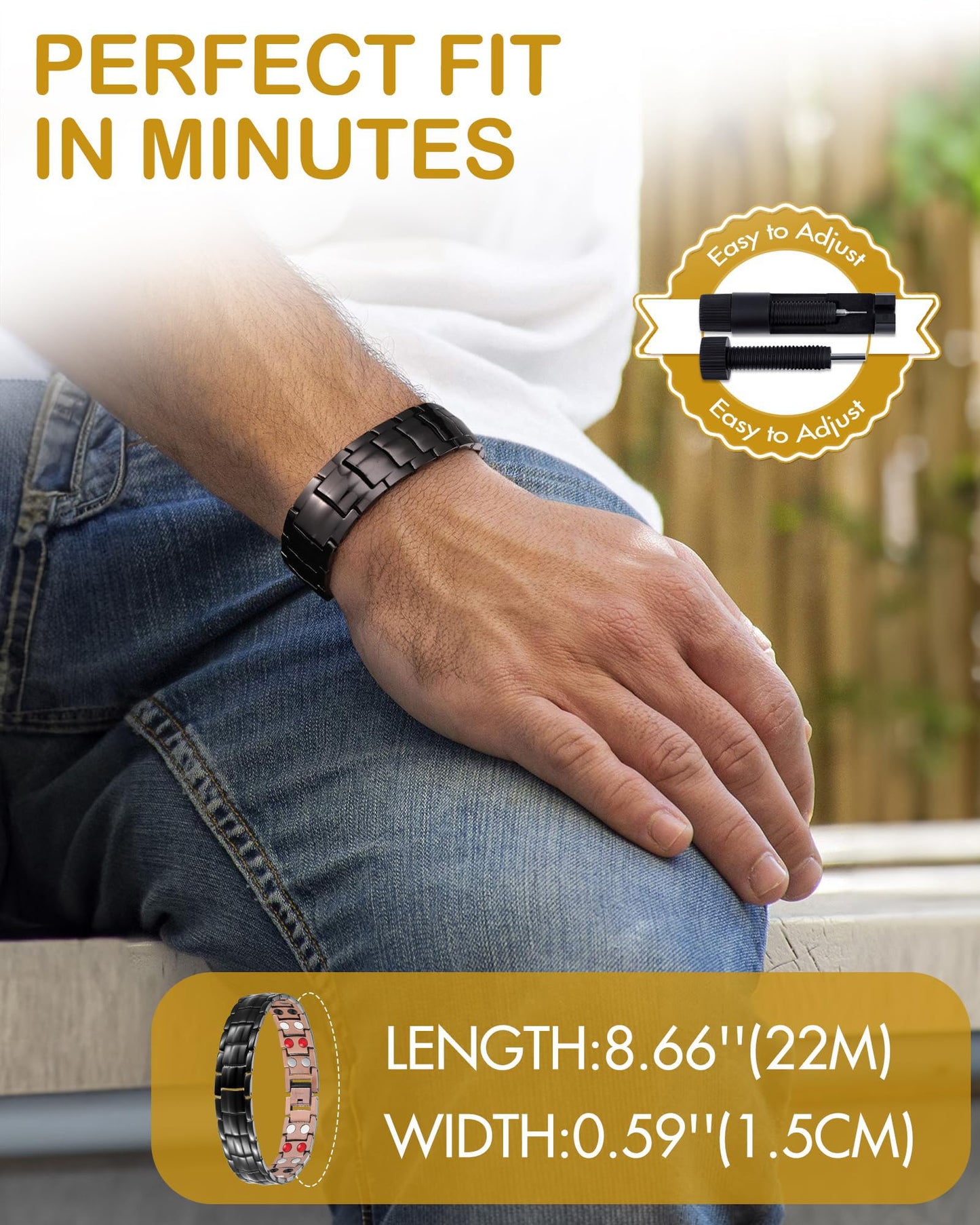 Feraco Copper Bracelet for Men 4 Elements Magnetic Bracelets Elegant 99.99% Solid Copper Jewelry with Magnets (Black)