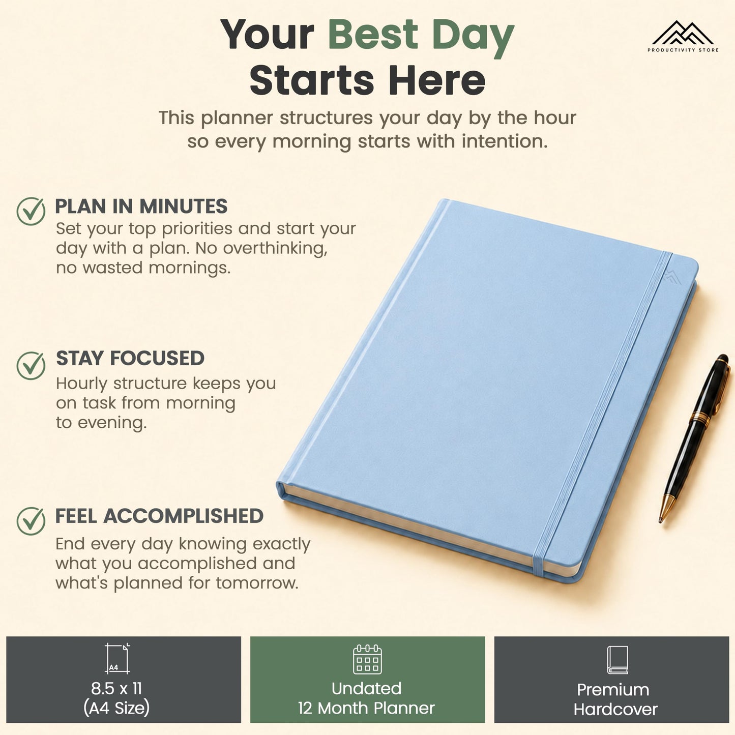 Hourly Planner & Appointment Book (8.5” x 11”) - Premium Hourly Planner with Daily Schedule & 30-Minute Time Slots for Better Time Management by PRODUCTIVITY STORE (A4, Blue)