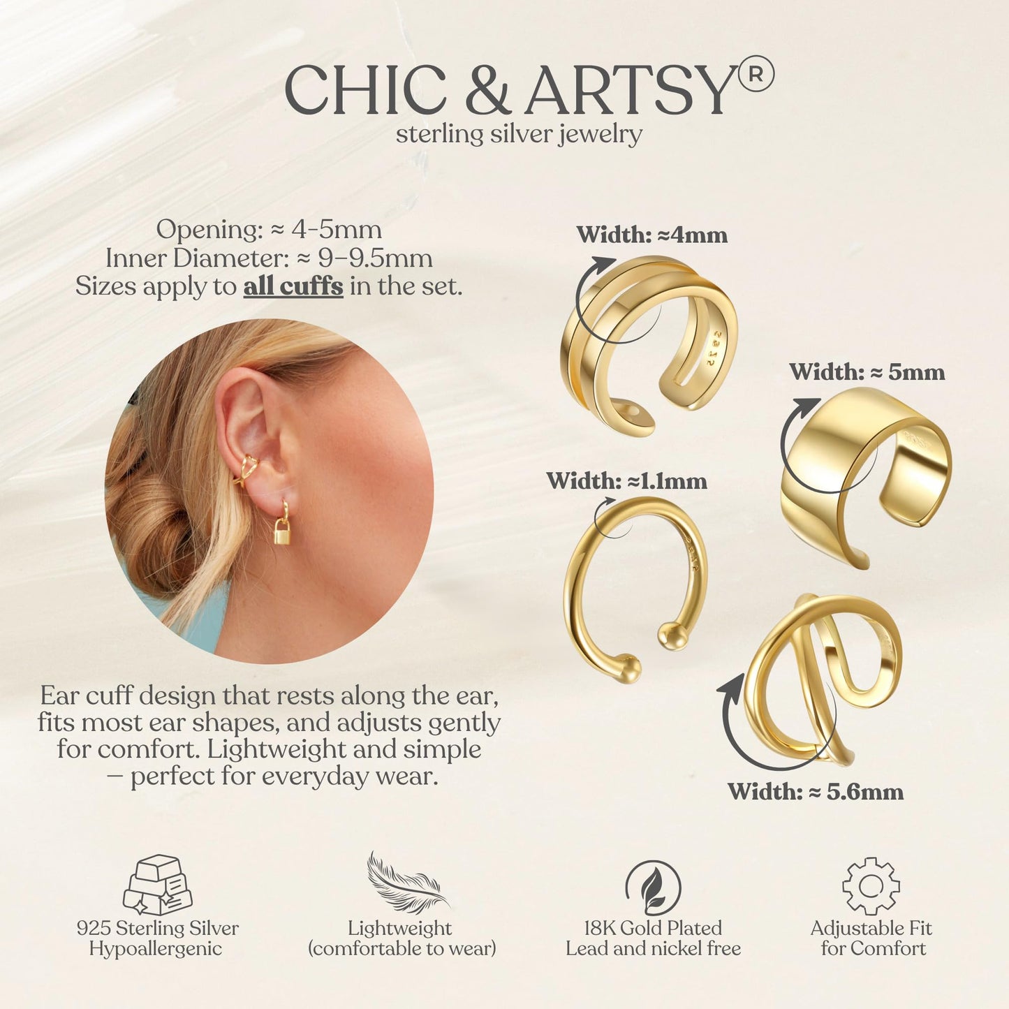 Ear Cuffs 18K Gold Plated 925 Sterling Silver Fake Ear Cuffs Non Piercing Ear Conch Clip on Cartilage Earrings for Women Men 4 Various Styles