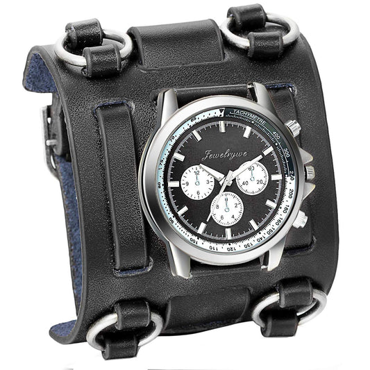 JewelryWe Black Hip-hop Gothic Punk Style Men Watch Wide Leather Fashion Cuff Wristwatch for Halloween