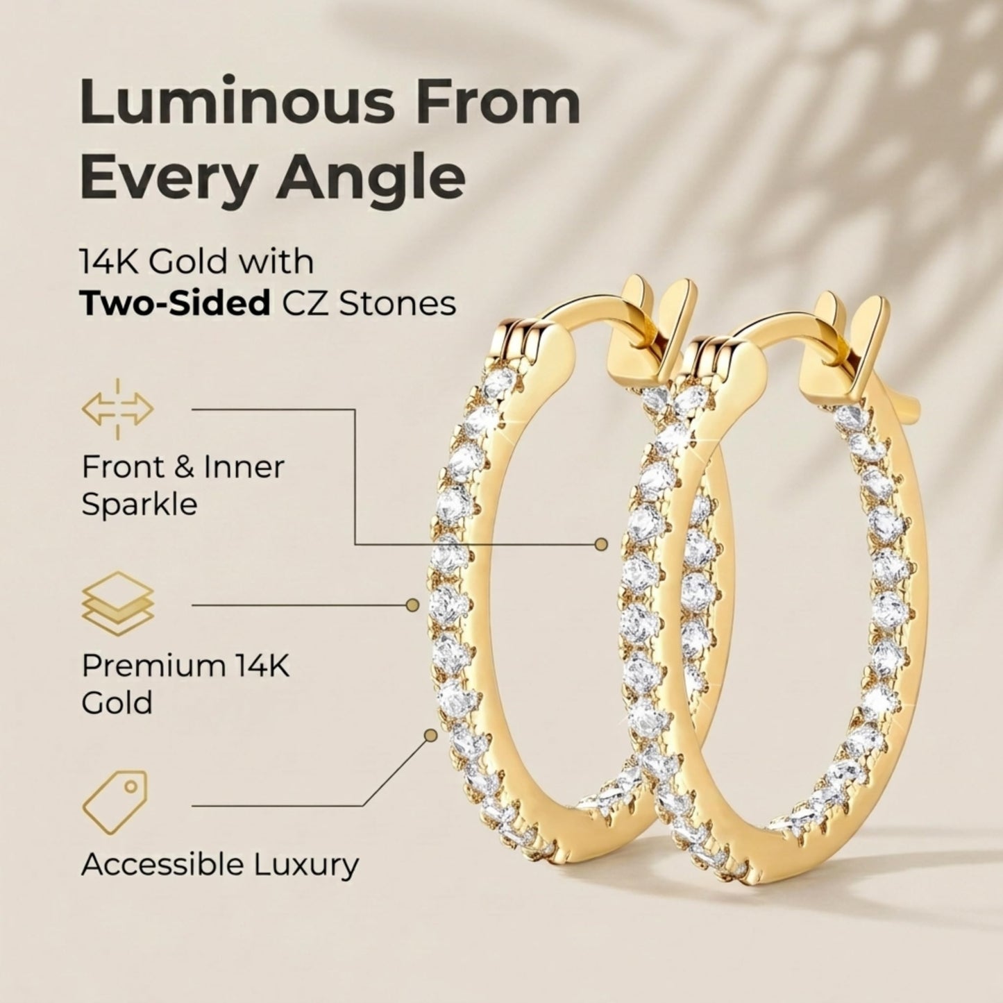 Suiune 14K Yellow Gold Hoop Earrings for Women, Hypoallergenic Dual-Sided Cubic Zirconia Hinged Hoops Jewelry for Woman, 2mm x 15mm