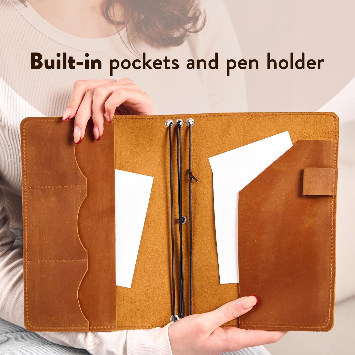 TORAKIP Genuine Leather Journal Cover A5 – Refillable Notebook Organizer with 3 Elastic Bands, Card Slots, Pen Holder & Interior Pockets, Fits 5.8" x 8.3" Notebooks (Paper Not Included), Warm Brown