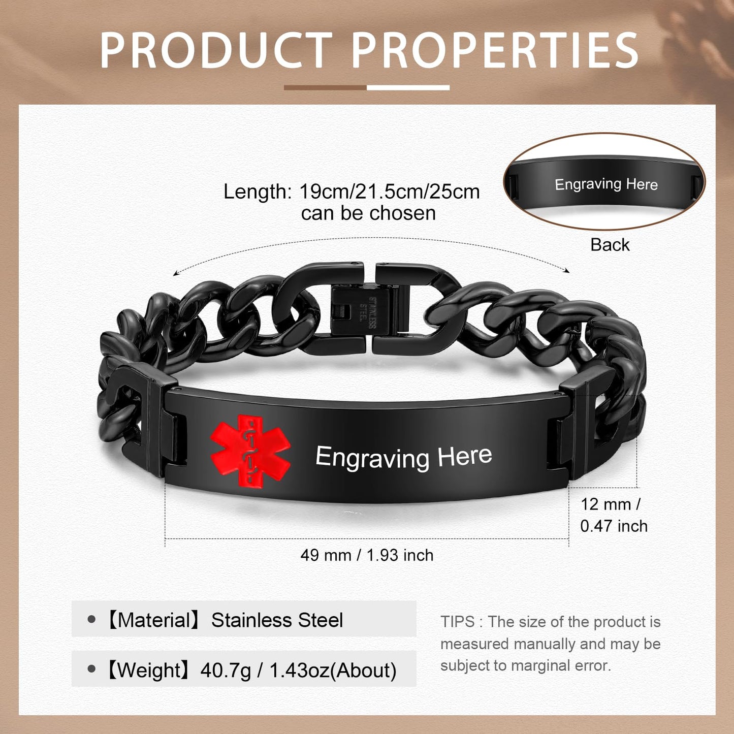 Bijouweled Medical Alert Bracelet for Women Men 7.5 to 9.8 Inches Emergency ID Bracelets Free Engraving Personalized Medic Alert Bracelet for Adult (Black 7.5-9.8inch 3 sizes)