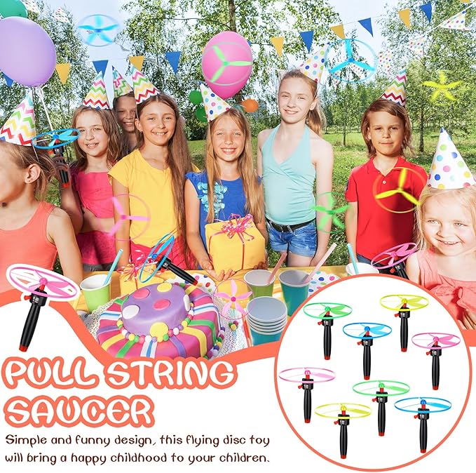 12 Pcs Flying Saucer Flying Disc Toy Helicopter Toy Disco Flyers Include 4 String Launchers and 8 Flying Saucer Flying Disc Launcher Flying Toys Little Teens Outdoor Activity Birthday Favors