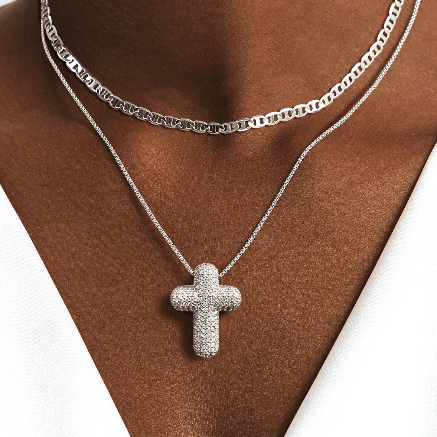 OGD Layered Silver Necklaces for Women 925 Silver Plated Cross Necklace for Women Stackable Stacked Stacking Dainty Necklace Mariner Chain Necklace CZ Cross Pendant Necklaces Set Simple Jewelry Gift