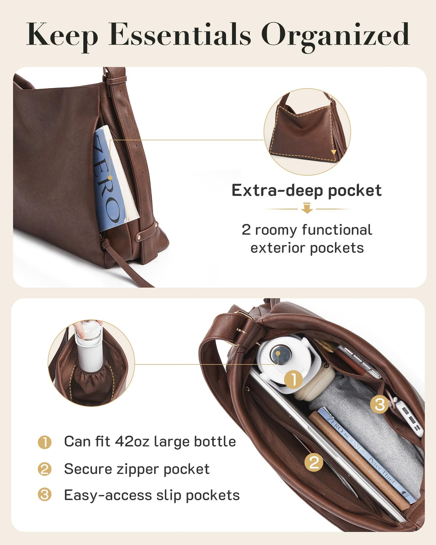 Missnine Hobo Bag for Women Designer Purse Shoulder Handbags Vegan Leather Tote Bag Large Crossbody Bags with Multi-Pockets,Brown