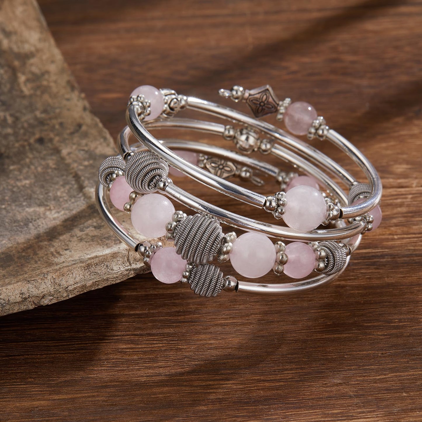 PEARL&CLUB Beaded Chakra Bangle Turquoise Bracelet - Fashion Jewelry Wrap Bracelet with Thick Silver Metal and Mala Beads, Birthday Gifts For Women(Pink crystal)