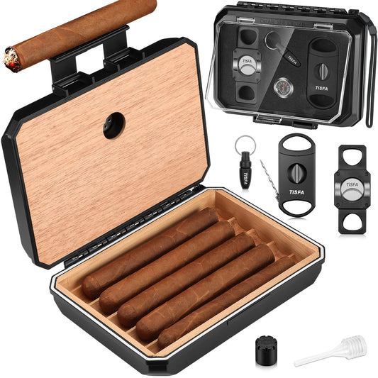 TISFA Cigar Humidor Set Travel Humidor Includes 2 Multifunctional Cutters, Hole Punch, Humidifier, Hygrometer, Portable Cedar Wood Lined Cigar Box Holder Case Gifts for Men (Black)