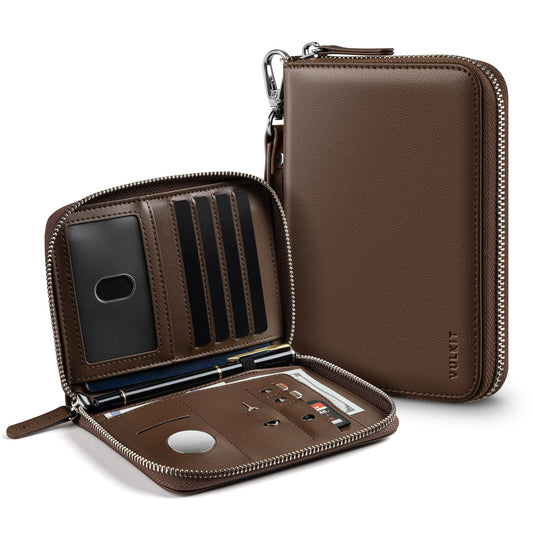 VULKIT Passport Holder for Travel with Airtag Slot, Premium Nappa Leather, RFID Blocking, Zipper Closure with Wrist Strap, Travel Document Organizer