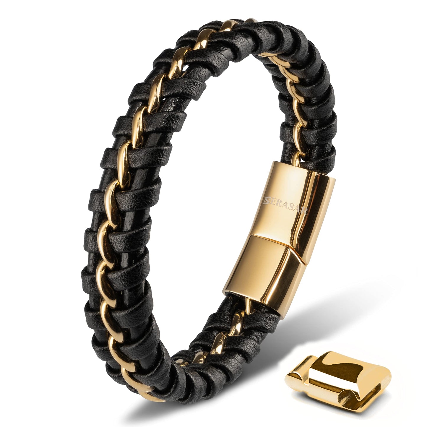 SERASAR 8″ Gold Leather Bracelets for Men Mens Cowhide Gift Box Braided Bracelet Stainless Steel Jewelry Wrist Band Cuff Wrap Rope Bangle Dad Man Pulseras para Hombres Cuero Regalo