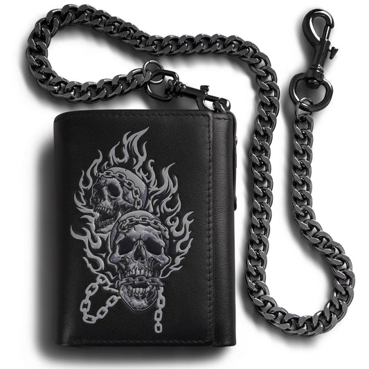 skneephate Men's Wallet With Chain Skull Trifold Wallets For Men, Soft Leather Wallet Chains Rfid Blocking Cool Mens Gift Idea (1-black)