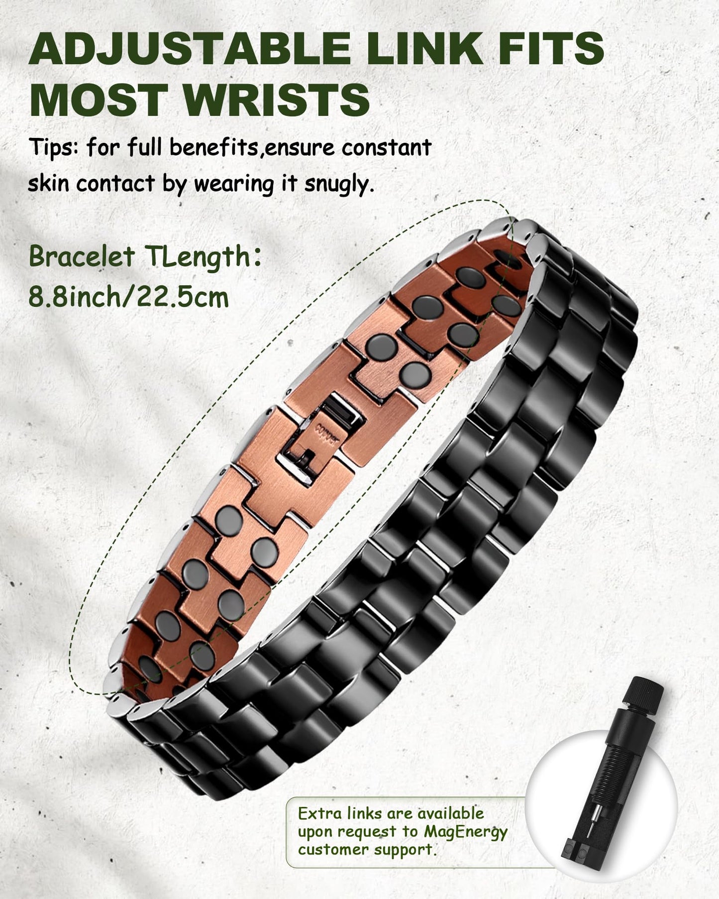 MagEnergy Mens Copper Magnetic Bracelets & Lymphatic Drainage Ring, 99.9% Pure Copper Bracelet with Double-Row Strength Magnets, Adjustable Jewelry with Sizing Tool