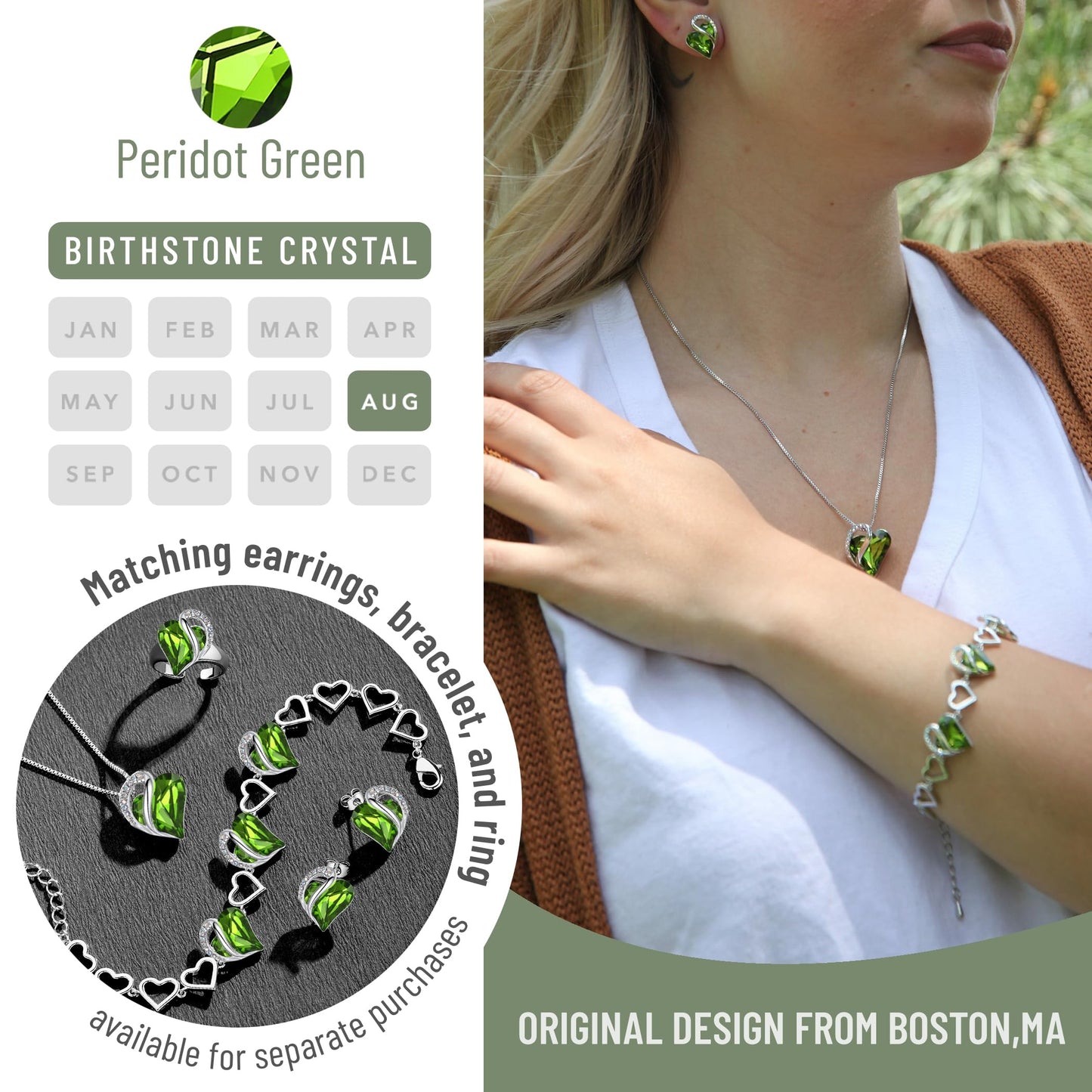 Leafael Mothers Day Gift Necklaces for Women, Infinity Love Birthstone Heart Pendant, Peridot Green Crystal for August, Birthday Jewelry for Her, Mom, and Wife, Silver Plated, 18" + 2" Chain