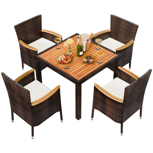 Shintenchi 5 PCS Patio Dining Set, Wicker Outdoor Table and Chairs with Soft Cushions, Patio Furniture Set with Wood Table Top for Backyard, Deck and Garden, Brown Rattan