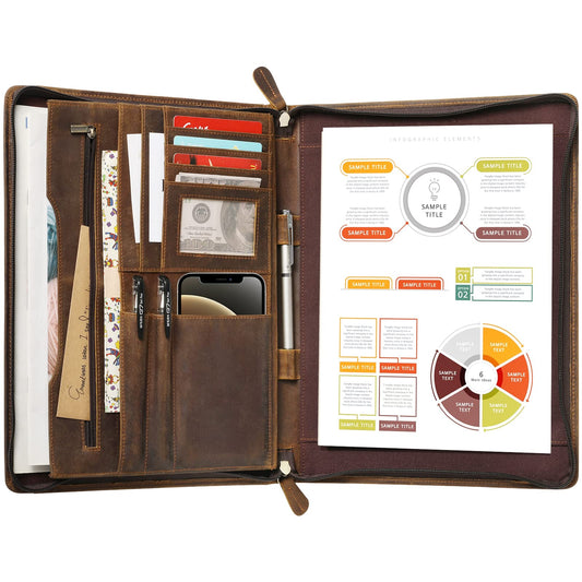 Ringsun Genuine Leather Portfolio with Zipper, Business Organizer for A4/Pad/Phone, Brown, RS63