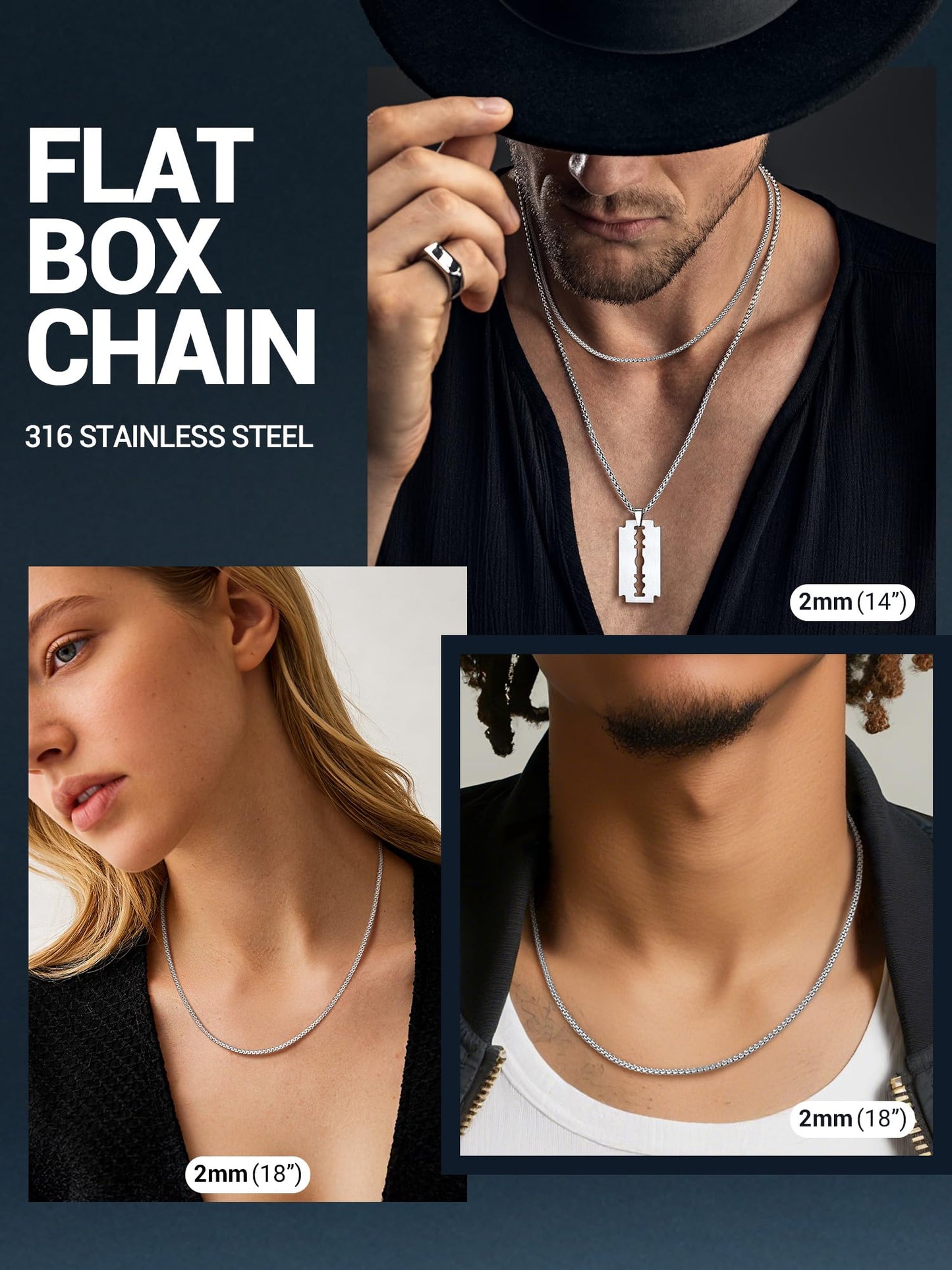 PROSTEEL Mens Chains Stainless Steel Trendy Flat Chain Silver Rust-Proof Necklace 28inch