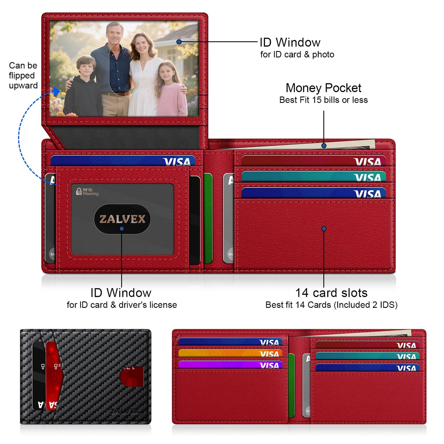 Wallet for Men Slim RFID Blocking Leather Credit Card Holder Wallet for 14 Cards, Bifold Minimalist Thin Wallet with 2 ID Windows & Cash Slot, Front Pockt Carteras Para Hombres, Birthday Gifts for Men