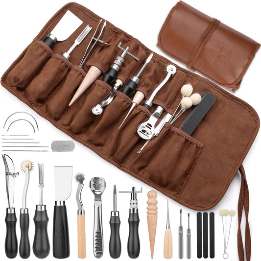 Leather Working Tools, Leather Craft Tools Kit with Awl Stitching Punch Hole Sewing Needles for Leathercraft Beginner Carving Stamping Repair Projects