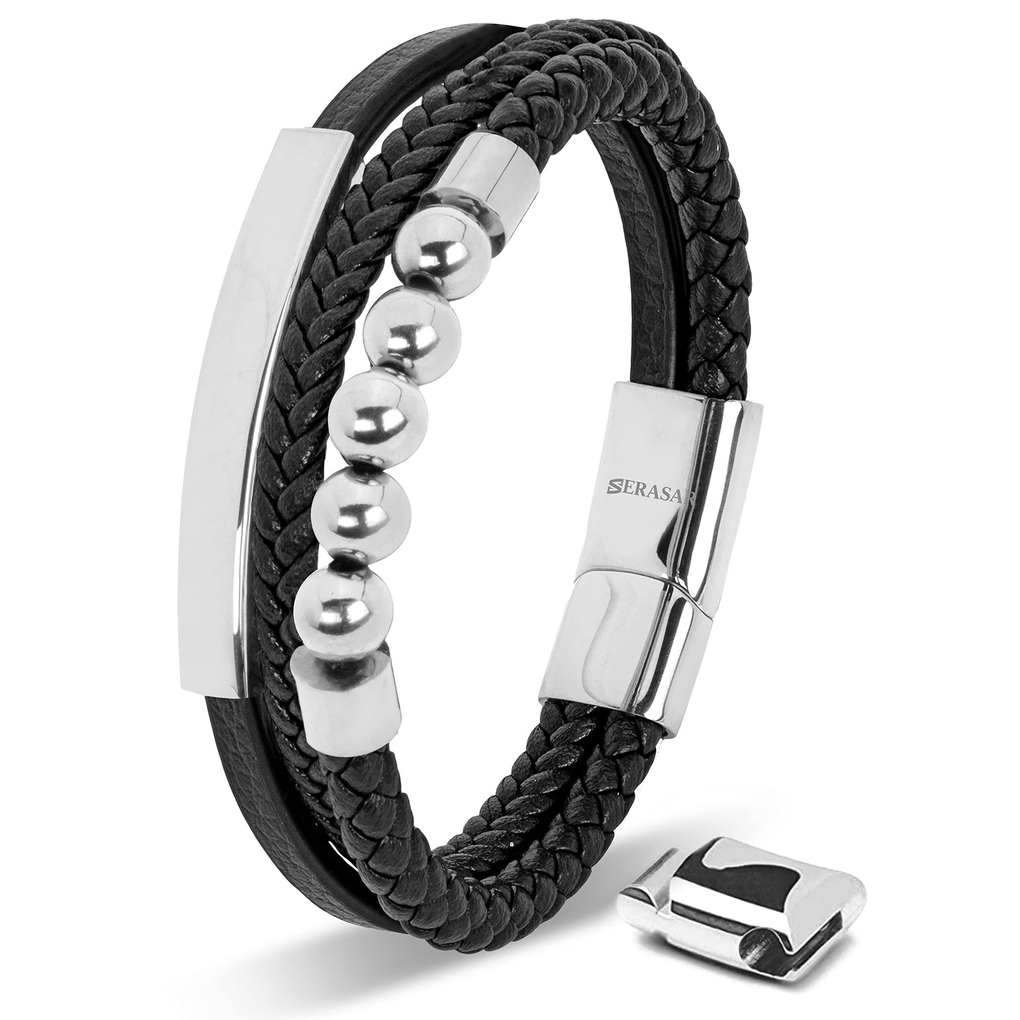 SERASAR Pulsera de cuero plateado para hombre 20cm Idea regalo Caja Piel vacuno trenzada genuino trenzado multicapa ajustable con cierre magnético