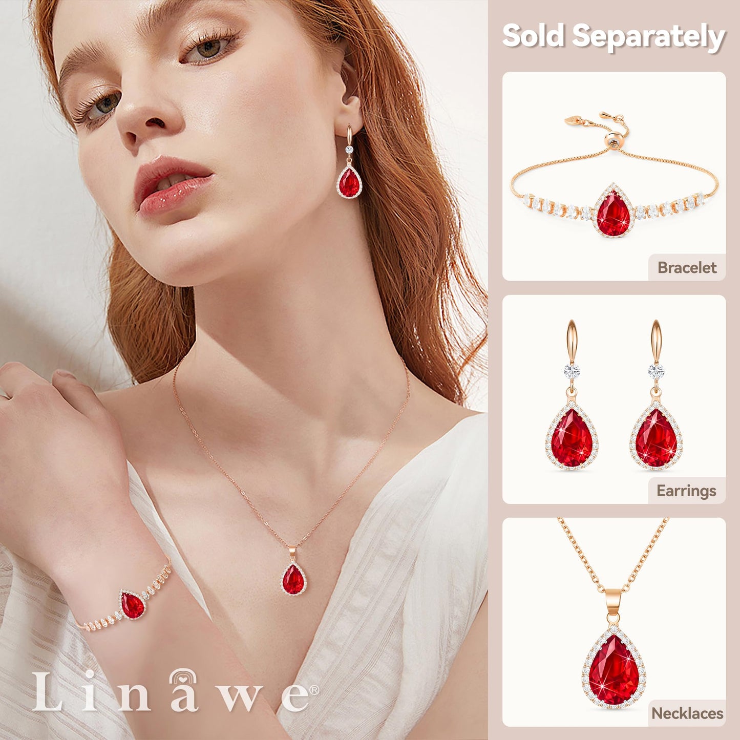 Linawe Red Dangle Earrings for Women Rose Gold, Ruby Imitation Diamond Wedding Drop Earrings, Rhinestone Cubic Zirconia Crystal Earrings Set, Teardrop Birthstone Jewelry