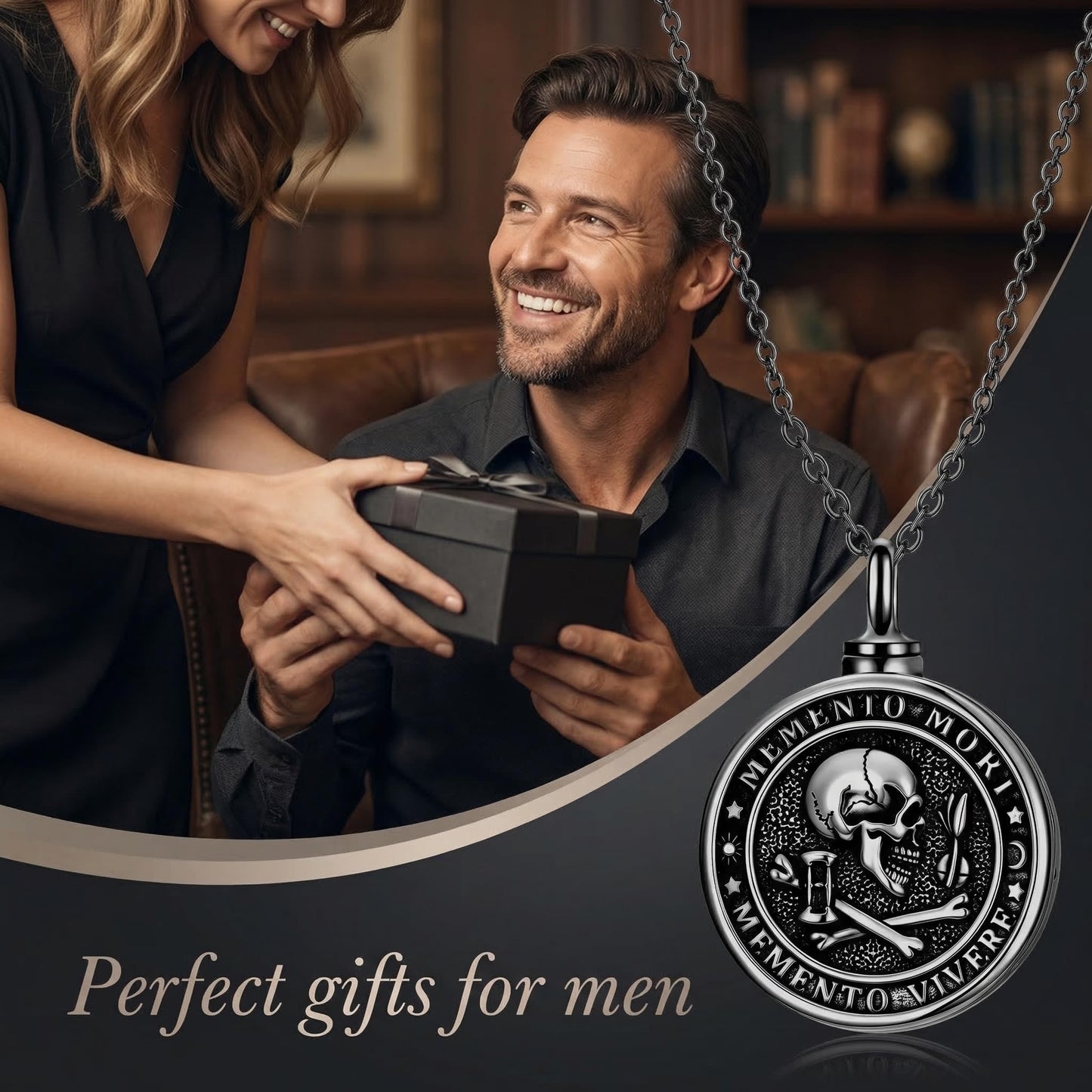 Memento Mori Black Urn Necklace for Ashes Gothic Skull Cremation Pendant Tree of Life Memorial Jewelry Stoicism Mori Keepsake Ashes Necklace Gift for Men Women Husband Boyfriend Dad 22+2 Inch Chain