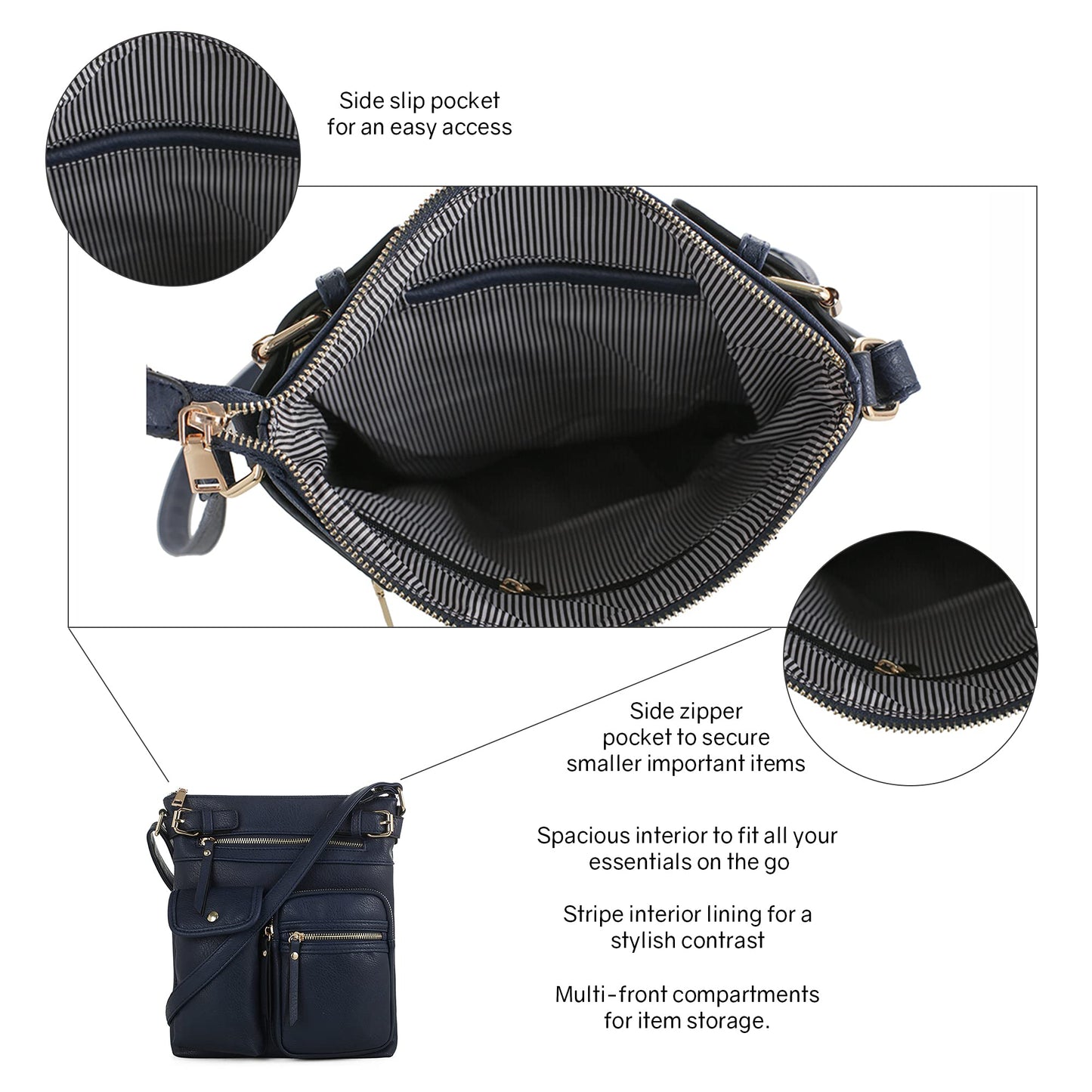 SG SUGU Katie Lightweight Medium Crossbody Bag Shoulder Bag with Multi Pocket for Women | NAVY