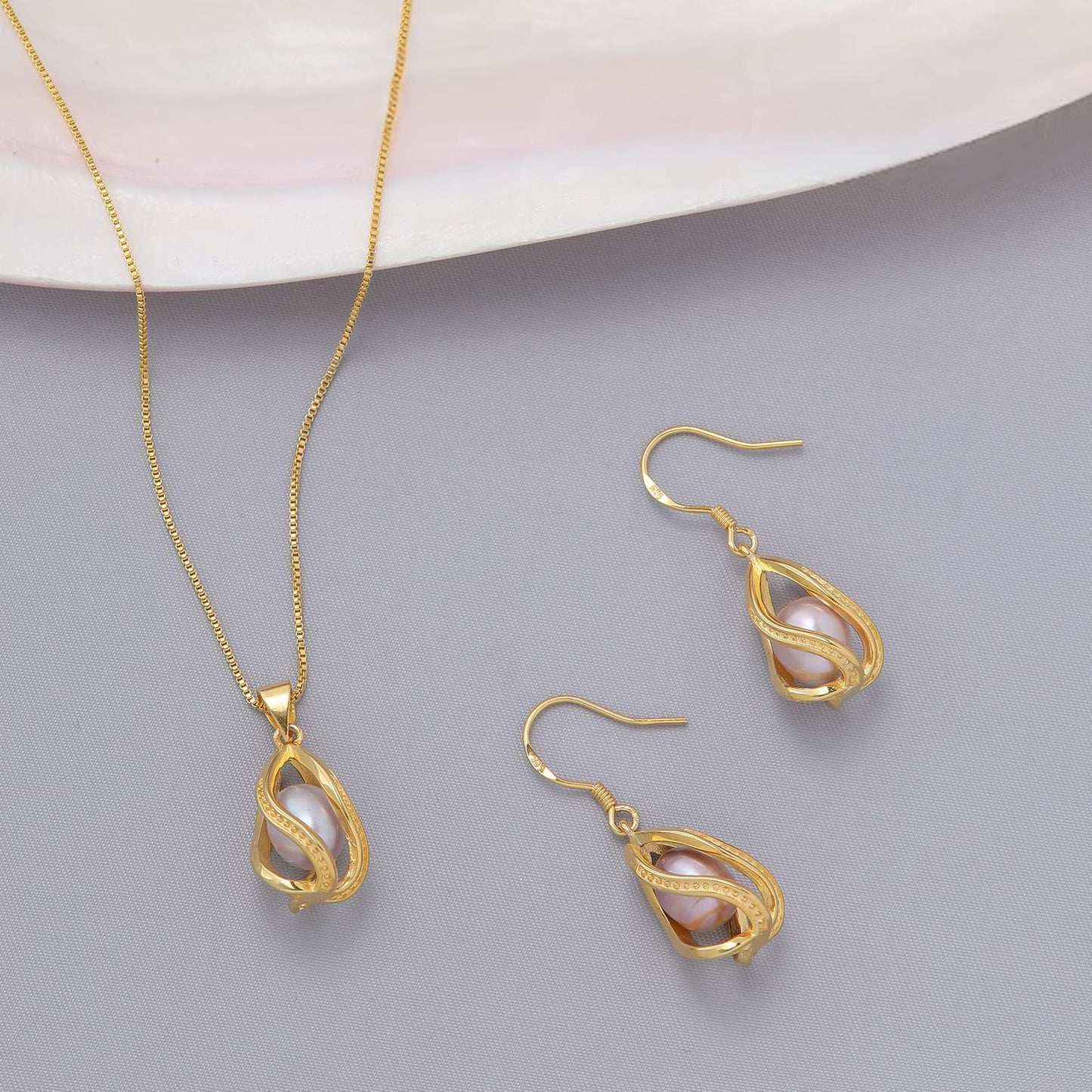 HENGSHENG Pearl Jewelry Set For Women 14K Gold Plated Necklace & Earrings Set Freshwater Pearl Pendant Cage Set for Wedding Anniversary Prom Birthday Gift - Golden Purple