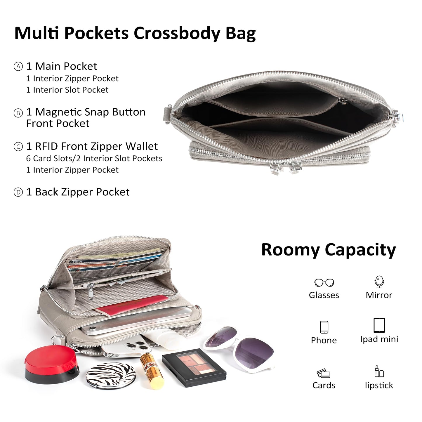 befen Real Leather Crossbody Bags for Women, Womens Small Cross Body Purses Travel Handbags with Built-in Wallet Adjustable Strap Beige Grey