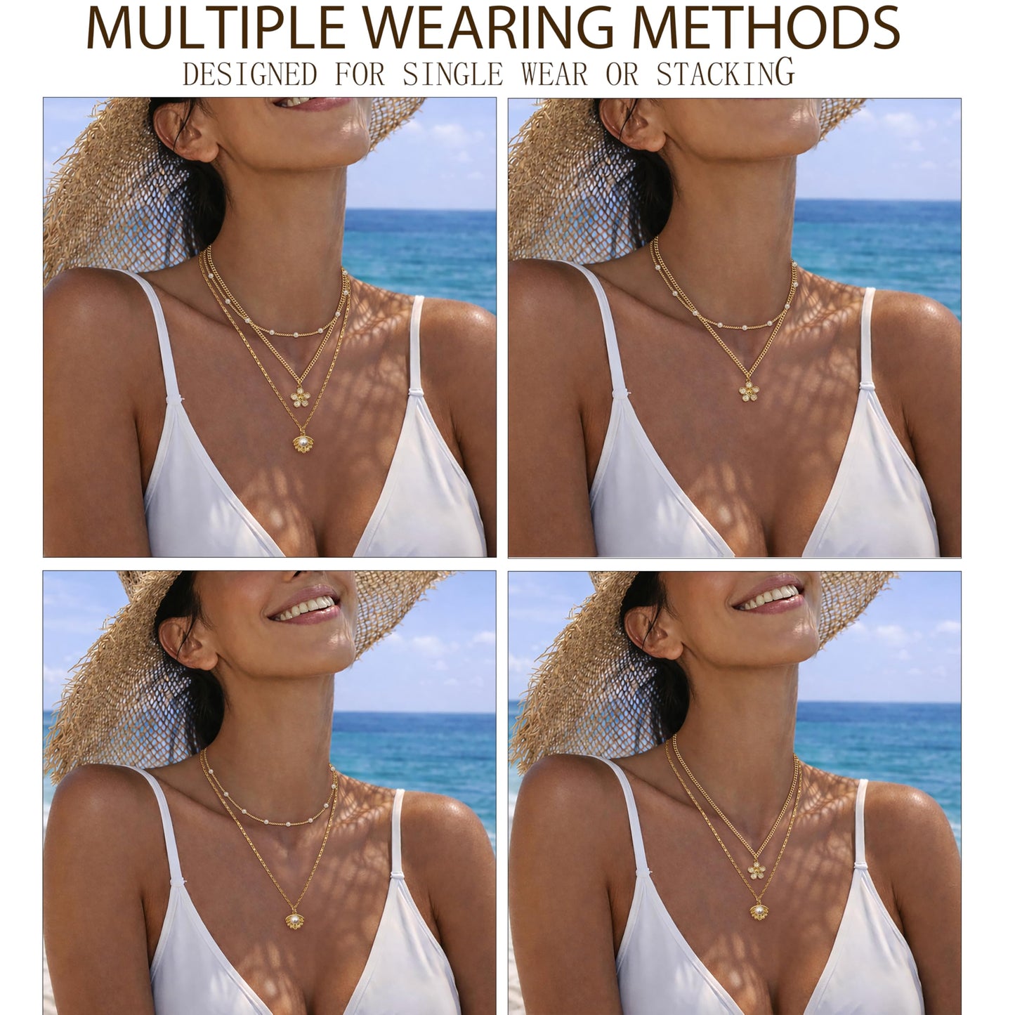 Zeffy Gold Layered Necklace for Women, Dainty Pearl Beaded Chain with Flower Pendant and Seashell Pearl Necklace, Trendy Multi Layer Choker Necklace Beach Jewelry