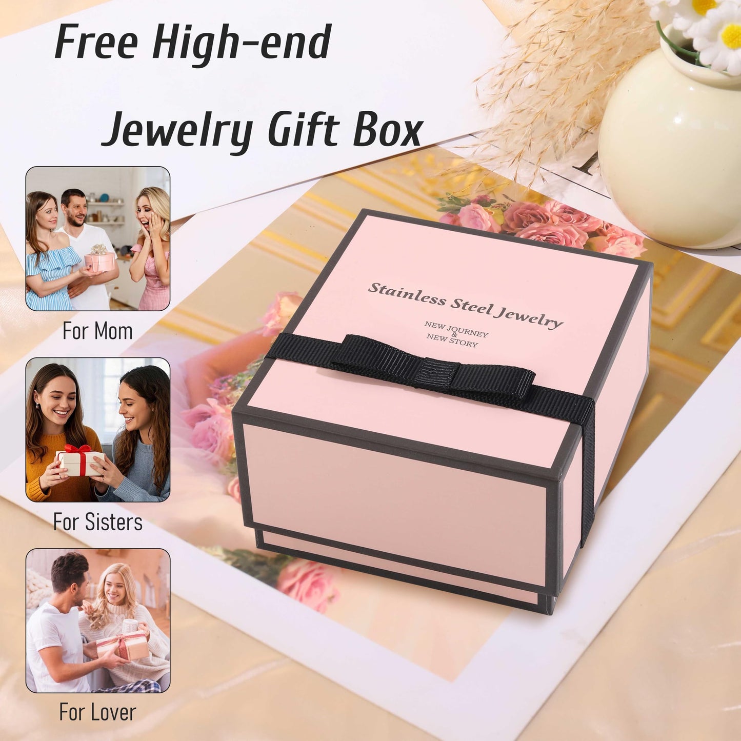 ISELBDR 18K Gold Bracelets for Women - Stackable Clover & Nail Love Bangle Set - Non-Tarnish Stainless Steel Jewelry for Valentine's, Mother's Day & Christmas (Black)