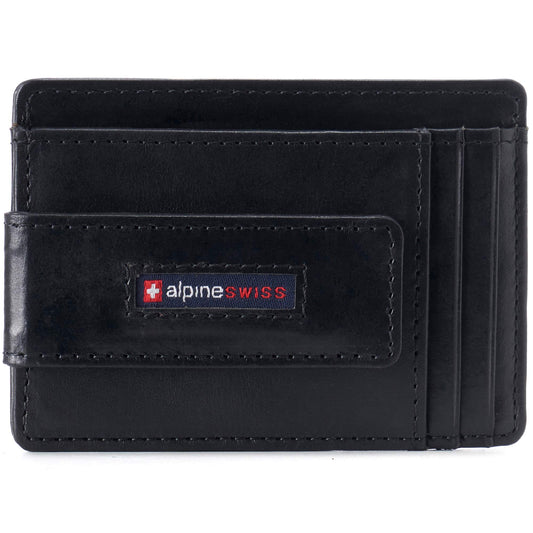Alpine Swiss Harper Mens RFID Slim Front Pocket Wallet Magnetic Money Clip ID Card Holder Leather Glossy Nappa Black
