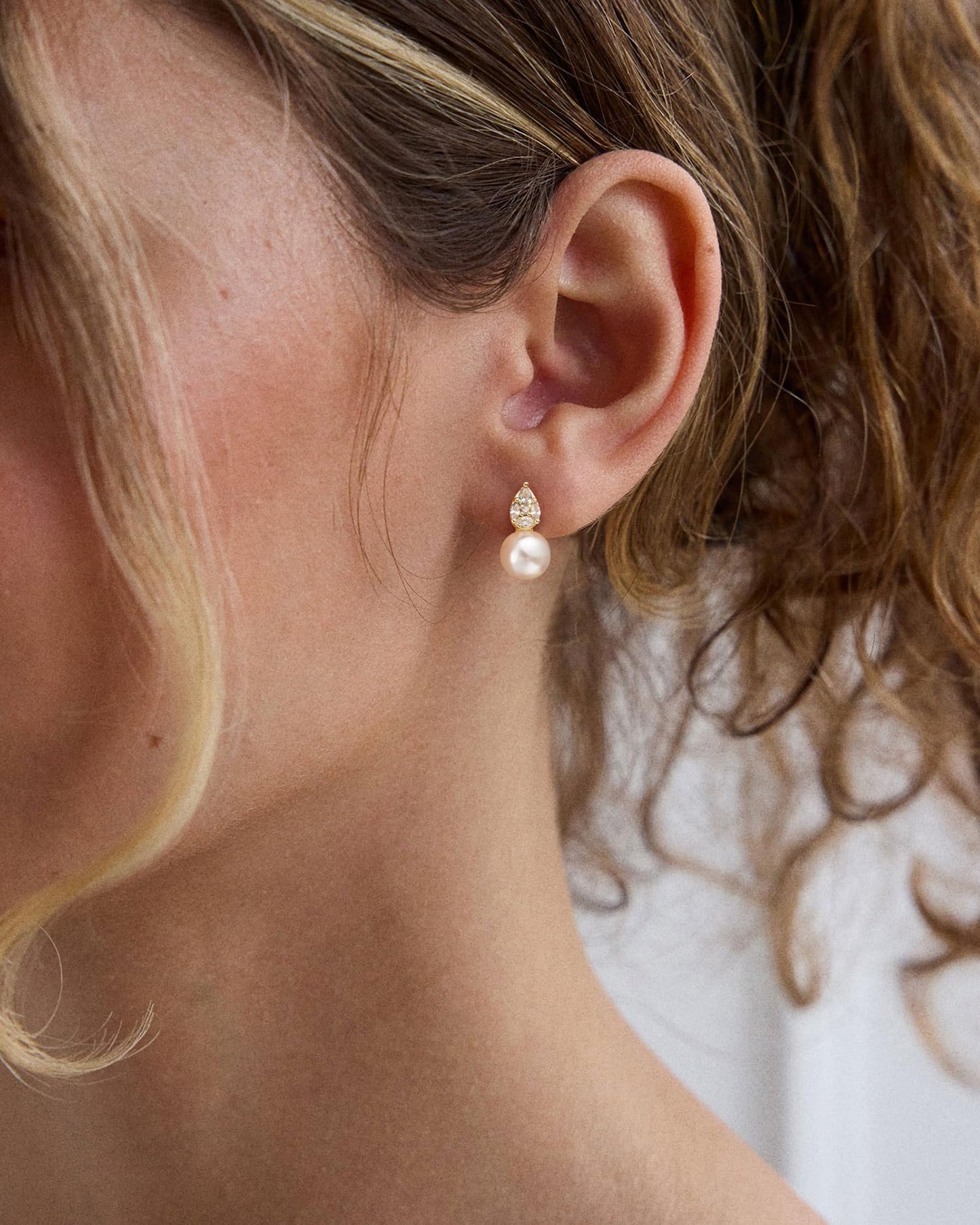 PRTGL Pearl Earrings - 14K Gold Plated Cubic Ziconia Paved Pearl Wedding Earrings for Bridal Bridesmaid