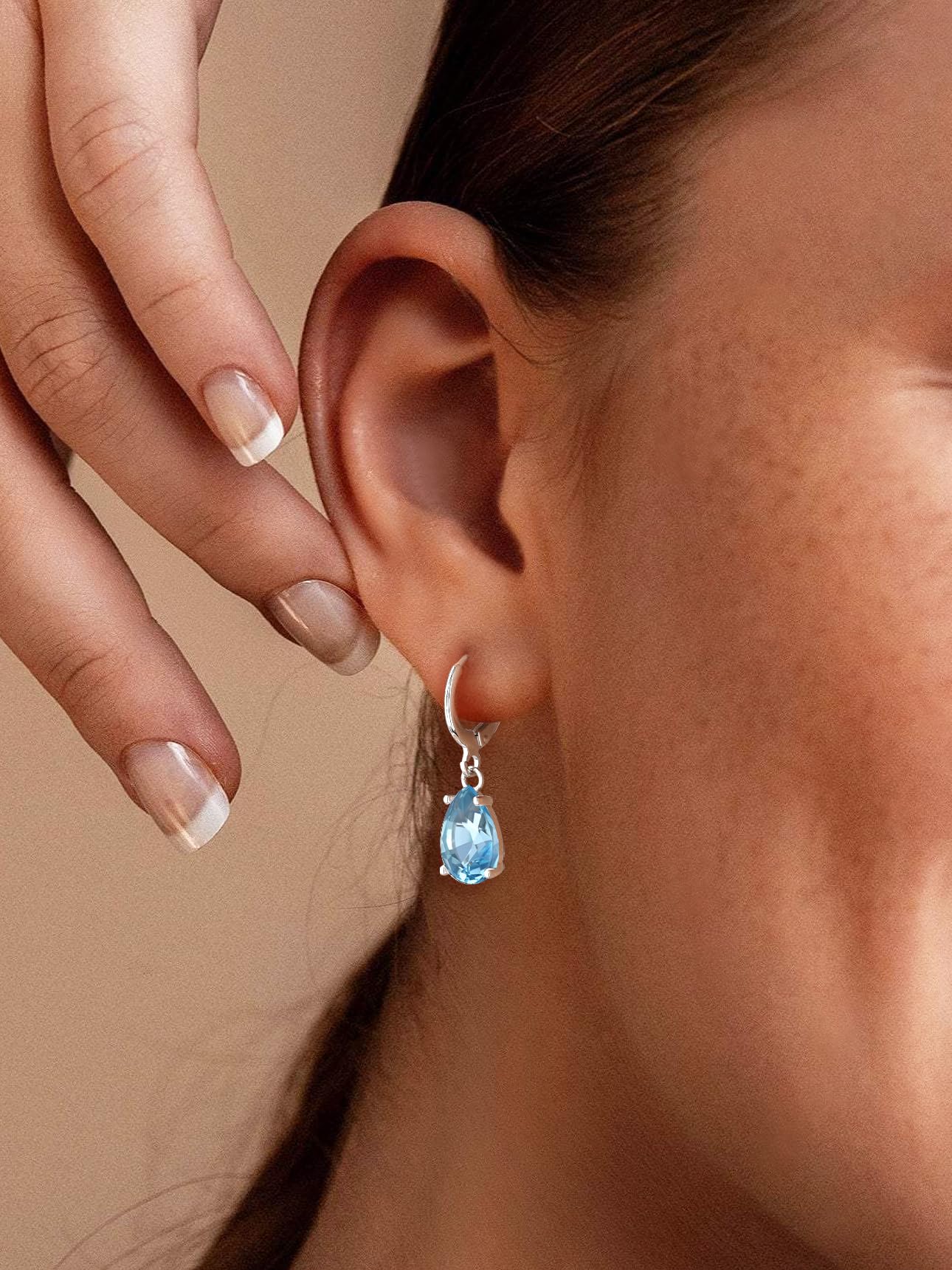 Bestyle Silver March Birthstone Dangle Earrings - Created Teardrop Aquamarine Crystal Drop Blue Earrings - Trendy Cute Women's Small Hoop CZ Dangle Earrings for Party Gowns